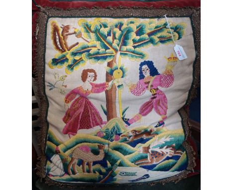 A LARGE VINTAGE CUSHION with Jacobean style needlework