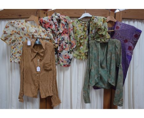 A 1930'S BRIGHTLY PATTERNED CREPE-DE-CHINE BLOUSE, other similar blouses and other vintage garments (6)