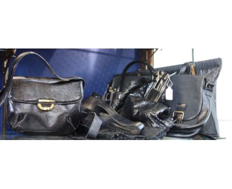 SONIA RYKIEL: A lady's black canvas and leather 'Messenger' bag and four other vintage black handbags (5)