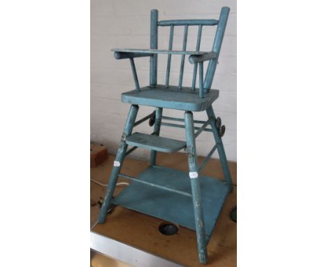 A VINTAGE BLUE PAINTED WOODEN DOLL'S HIGH CHAIR