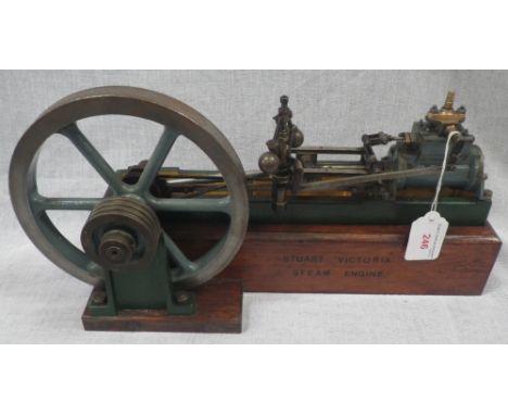 STUART; A WORKING SCALE MODEL OF A MILL STEAM ENGINE in grey and green on an oak plinth, 21.5cm high x 41cm wide (overall)