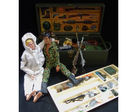ACTION MAN; A VINTAGE WOODEN TRUNK containing clothes and munitions and two similar figures