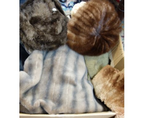 A COLLECTION OF VINTAGE FAUX FUR HATS, a fur coat and similar
