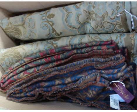 MULBERRY: A NAVY BLUE AND BROWN AND GOLD TONE SHAWL fashioned in wool and cotton, 150cm x 144cm, another in red, gold and gre