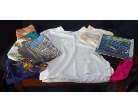 SIVITAS: A boxed silk scarf depicting Boston and a collection of ladies' vintage scarves, including Amantia, a Benny Ong silk