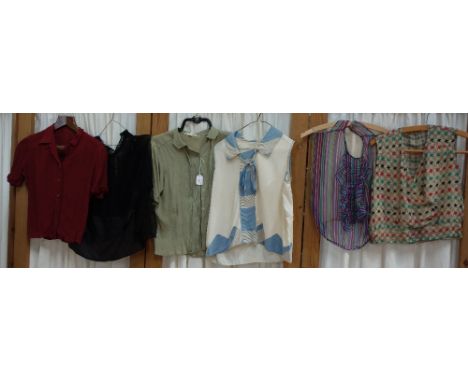 A 1920'S BLUE AND CREAM SILK BLOUSE with geometric pattern and other similar blouses (6)