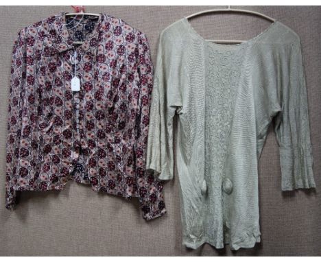 A 1920'S KNITTED ARTIFICIAL SILK EAU DE NIL TUNIC and a pointed crepe-de-chine blouse (2)