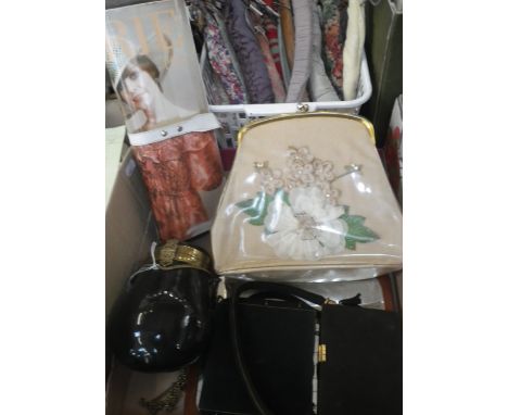 RETRO LADY'S HANDBAG fashioned as a magazine C. 1970's, two other ladies' compact handbags in black suede and two other novel