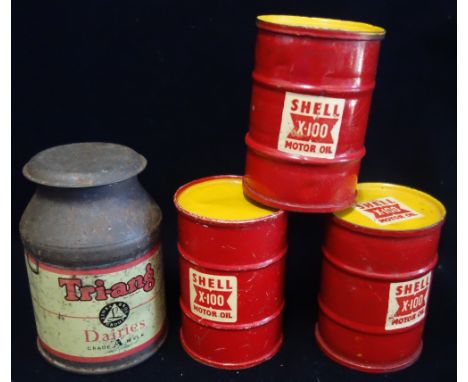 THREE VINTAGE TOY 'SHELL X-100 MOTOR OIL' DRUMS and a Tri-ang Dairies toy milk churn (4)