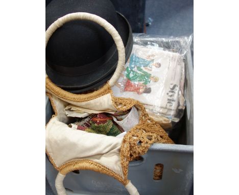 TWO GENT'S BOWLER HATS, a collection of vintage sewing patterns and a bad containing tapestry wool and needlework