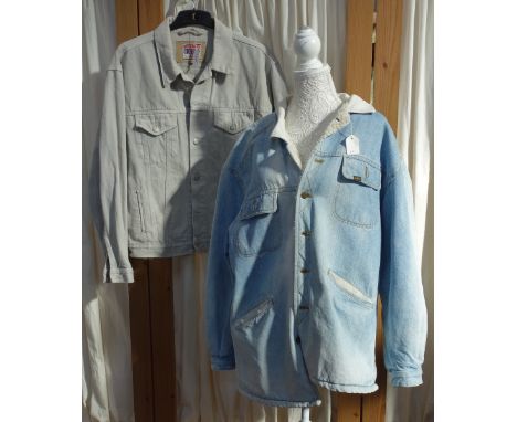 A VINTAGE LIGHT BLUE DENIM SINGLE BREASTED JACKET by 'Lee' with sheepskin lining and a vintage Giorgio stone washed denim jac