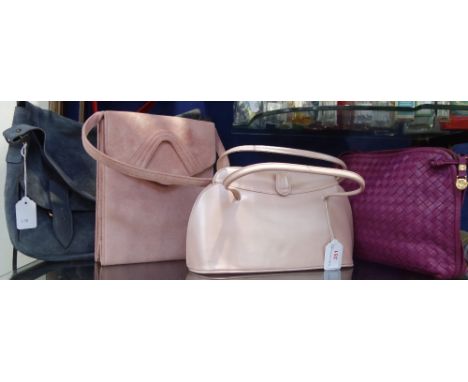 A VINTAGE PINK SUEDE LEATHER HANDBAG by Rayne, together with three other vintage handbags