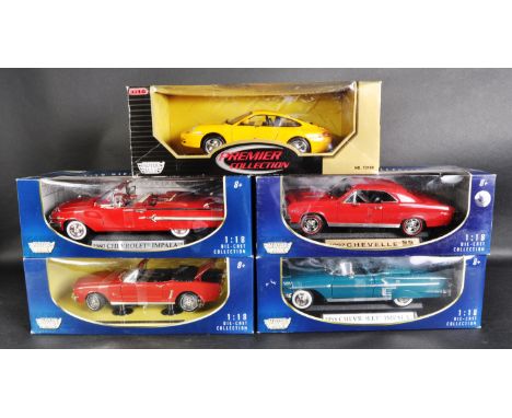 A collection of 5 x 1/18 scale diecast model cars by Motor Max to include: 1964 ½ Ford Mustang (Convertible), Porsche 911, 19