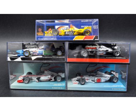 A collection of x5 original vintage 1:43 scale precision Minichamps boxed diecast model Formula One cars to include; Super Ag