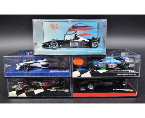 A collection of x5 original vintage 1:43 scale precision diecast Minichamps boxed diecast model Formula One cars to include; 