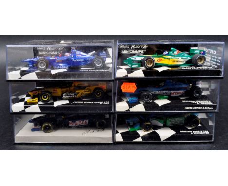 A collection of x5 original vintage 1:43 scale precision Minichamps boxed diecast model Formula One cars to include; Jordon M