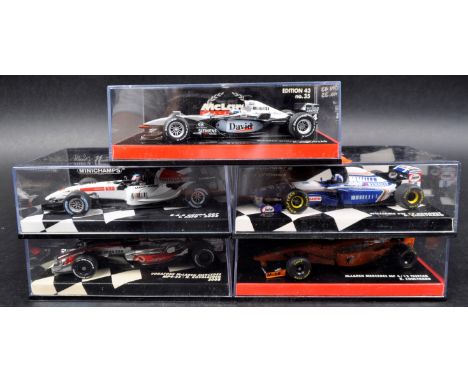A collection of x5 original vintage 1:43 scale precision Minichamps boxed diecast model Formula One cars to include; McLaren 