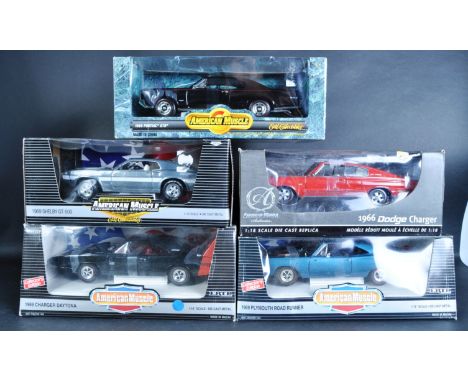 A collection of 5 x 1/18 scale diecast model cars by American Muscle to include: 1969 Plymouth Road Runner, 1966 Dodge Charge