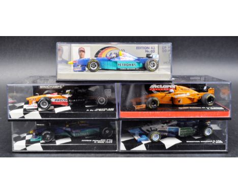A collection of x5 original vintage 1:43 scale precision Minichamps boxed diecast model Formula One cars to include; Arrows A