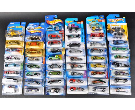 A large collection of approximately x50 carded Mattel made Hot Wheels diecast model cars to include; Saltflat Racer, Street C