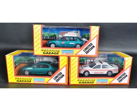 A collection of 3x assorted Dinkum Classics 1/43 scale diecast model Paradise Garage cars to include; Ford Falcon Futura EF, 