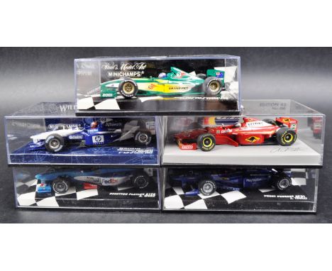 A collection of x5 original vintage 1:43 scale precision Minichamps boxed diecast model Formula One cars to include; 2001 Qun