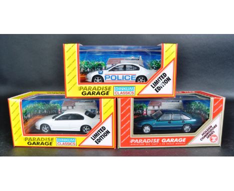A collection of 3x assorted Dinkum Classics 1/43 scale diecast model Paradise Garage cars to include; Holden Commodore Acclai