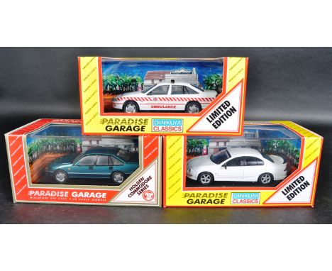 A collection of 3x assorted Dinkum Classics 1/43 scale diecast model Paradise Garage cars to include; Holden Commodore Acclai