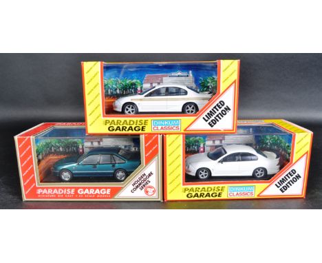 A collection of 3x assorted Dinkum Classics 1/43 scale diecast model Paradise Garage cars to include; Holden Commodore Acclai