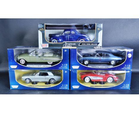 A collection of 5 x 1/18 scale diecast model cars by Motor Max to include: 1940 Ford Deluxe, 1969 Pontiac FTO Judge, 19641/2 