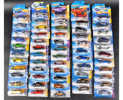 A large collection of approximately x50 carded Mattel made Hot Wheels diecast model cars to include; 47 Chevy Fleetline, 40 F