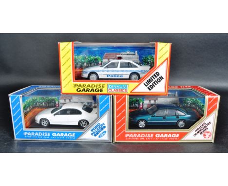 A collection of 3x assorted Dinkum Classics 1/43 scale diecast model Paradise Garage cars to include; Holden Commodore Acclai