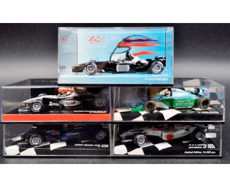 A collection of x5 original vintage 1:43 scale precision diecast Minichamps boxed diecast model Formula One cars to include; 