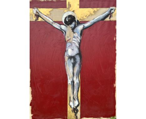 Peter Denmark (1950-2014) Acrylic on canvas "Crucifixion" 182cm wide by 248cm high Provenance, the painting was collected fro