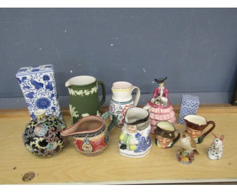 Toby jugs, Wedgwood Jasperware jug (repair to spout) and Royal Worcester bird etc&nbsp;