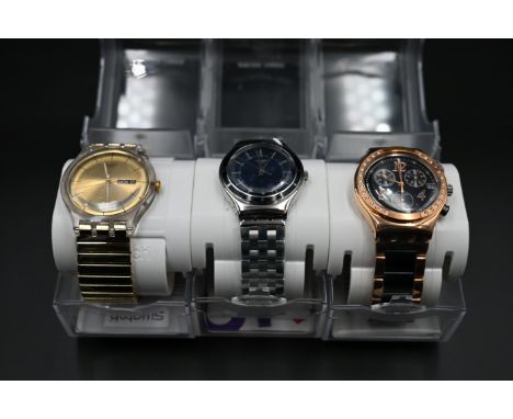 3 Swatch watches to incl Dreamnight Rose Chronograph watch YCG404G, Irony Big Windy City YGS469G and Dazzling Light SUOK702B,