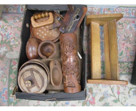 Treen items inc book trough, carved brush pot&nbsp; etc