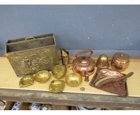 Copper kettle, crumb tray, brass bowls and magazine rack etc&nbsp;