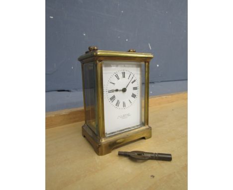 H.W. Bedford of Regent Street London brass carriage clock with key H12cm approx ticking and time keeping