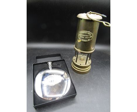 A Davy lamp and a Dalvy Stainless steel boxed oval hip flask