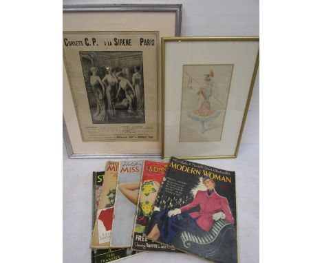 Framed Antique original French advertising print for ladies corsets, A coloured costume sketch from a sketch book possibly an