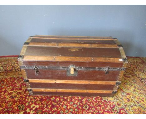 An antique banded travelling trunk with interior tray 87cmW 50cmD 53cmH