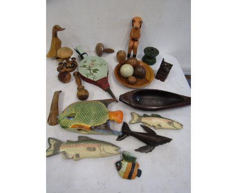 Treen to inc bellows, dog table lighter, fish etc etc