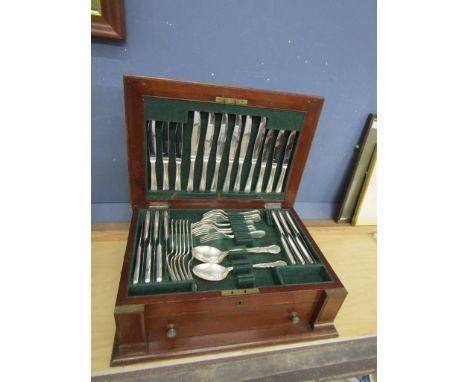 Mahogany boxed canteen of cutlery with drawer (not complete) Containing 1670g silver flatwear (plus some plated) 1950's- 60's