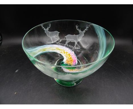 Caithness footed bowl with etched stags and country scene 19cm dia 13cmH