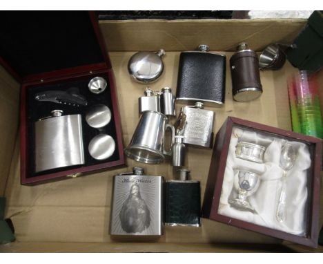 A collection hip flasks, a hip flask set and a christening set (spoon has corroded)