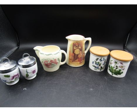 Suzie Cooper jug, Colmans mustard jug, Royal Worcester egg coddlers and Portmeirion lidded pots