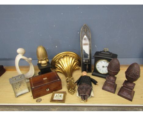 Collectors lot to include vintage doll, pair of cast iron acorns, clocks and wooden box etc&nbsp;