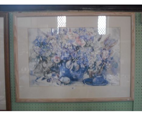 A large coloured print depicting a still life with a vase of honesty.