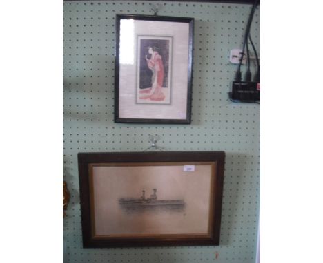 A print on silk depicting a warship and another of a Geisha girl.